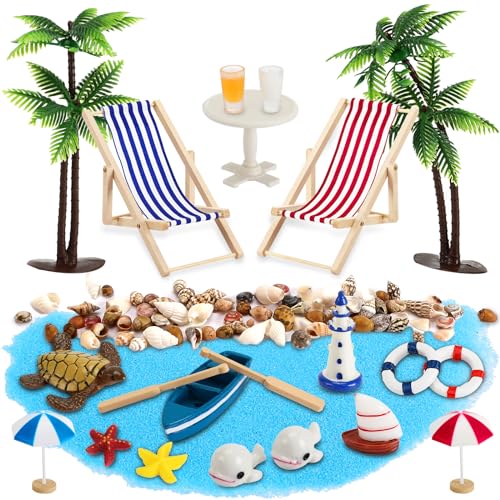 Royouzi 27 Stück Strand-Mikrolandschaft Mini-Stranddekorationen Miniatur Dekoration Mini Liegestuhl Deko Strandkorb Sonnenschirm Kleine Palme Deko Accessoires für DIY Zen Garten Dekoration (A)