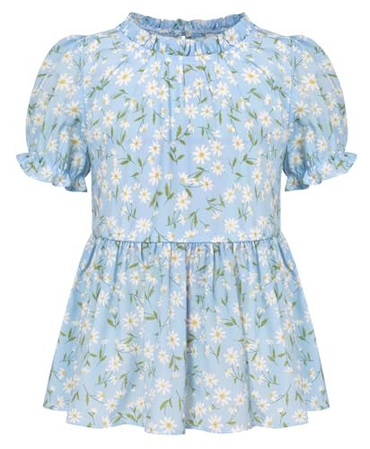 GRACE KARIN Mädchen Sommer Bedruckte Kurzarm Oberteile Lockere Puffärmel Freizeit Bluse Top Blau 12 Jahre