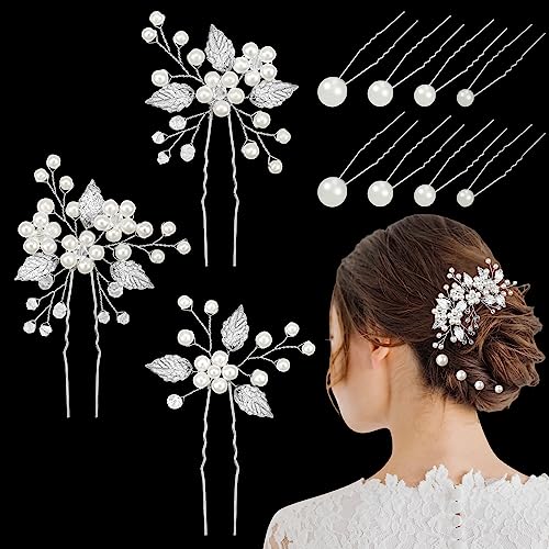 Kiiwah 11 Stück Haarschmuck Hochzeit Set, Blumen Perlen Braut Haarschmuck, Hochzeit Haarnadeln U-förmig Perlen Haarschmuck für Braut Damen Mädchen (Silber)