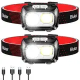 Blukar LED Stirnlampe Wiederaufladbar, 2 Stück Superhell Kopflampe Stufenlos Dimmbar mit 8 Modi, Sensor & Rotlicht, IPX5 Wasserdicht & Winkel Einstellbar, Stirnleuchte für Joggen, Angeln -Schwarz