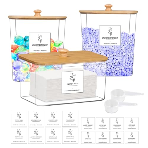 3 Stück Waschmittel Aufbewahrung mit Versiegeltem Bambusdeckel, Waschpulver Aufbewahrungsbox Wäschepods Behälter, Weite Öffnung für einfache Reinigung und Befüllung, geeignet für die Aufbewahrung