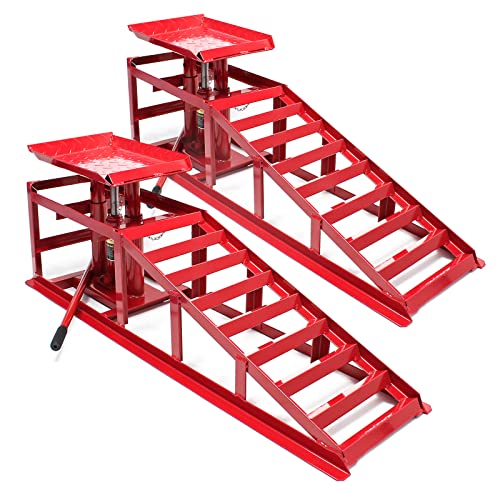 Wiltec 2X Auffahrrampe mit hydraulischem Wagenheber 2000 kg, höhenverstellbar bis 30 cm, Auffahrschiene mit Überfahrschutz, Verladerampe