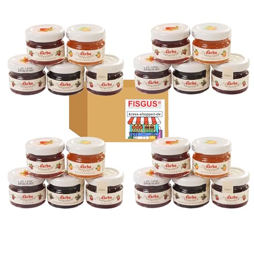 Darbo 20 Minigläser Konfitüre in 5 Sorten - je 4 Stück Erdbeere, Marille (Aprikose), Himbeere, Kirsche und Schwarze Johannisbeere - Ein Bundle von FISGUS® by krass-shoppen-de