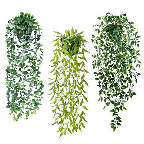 ROLLWAY 3 Stück Hängepflanze Künstlich wie echt Künstliche Hängepflanzen mit Topf, Kunstpflanzen Hängend Künstliche Pflanzen 65cm Kunst hängepflanze Grünpflanze Plastikpflanzen Deko (Grün-3 Stück)