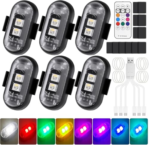 6 Stück Kabellose LED Lichter Autos, 8 Farben Wasserdicht Auto Antikollisionslichter mit Fernbedienung, Strobe Drone Light, USB-Aufladung Antikollisionslichter, für Drohne, LKW, Motorrad, Fahrrad