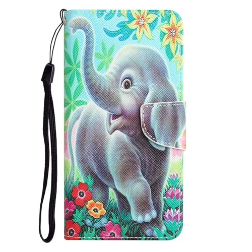 Miagon für Xiaomi Redmi Note 13 Pro 5G Hülle,PU Leder Handyhülle mit Kartenfach Ständer Tasche Flip Brieftasche Magnetische Bunt Malerei Schutzhülle Case Etui,Karikatur Elefant