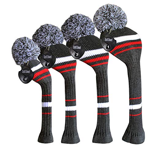 Scott Edward Streifen Stil Strick Golf Club Head Covers Set von 4, Fit für Driver Holz (460cc), Fairway Holz, und Hybrid (UT),grau, weiß