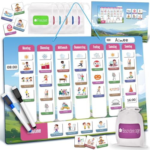 BuzzoXerex Wochenplaner Kinder, Tagesplaner Kinder Routine, Wochenplaner Magnetisch Kinder mit 240Magnet, Wetter, Jahreszeiten, Uhrzeiten, Abwischbarer Stift, Aufbewahrungstasche