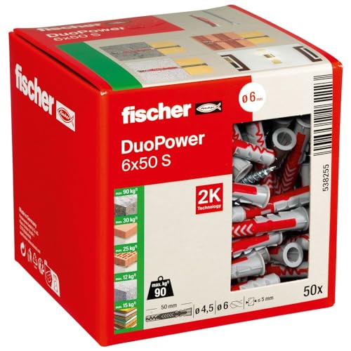 fischer DuoPower 6 x 50 S, Universaldübel mit Schraube, 2-Komponenten-Dübel, Kunststoffdübel zur Befestigung in Beton, Ziegeln, Stein, Gipskarton uvm., 50 Dübel + 50 Schrauben