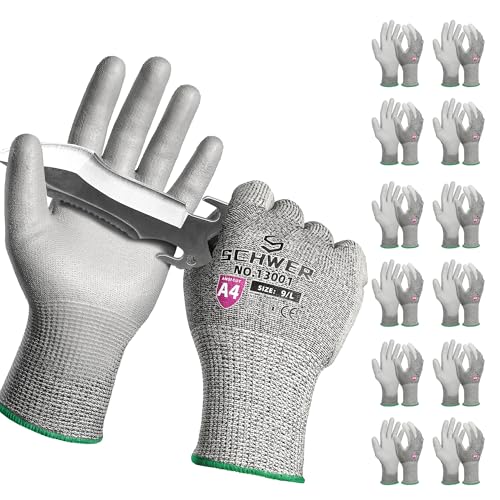 Schwer 12-Paar ANSI A4 schnittfeste Arbeitshandschuhe, Schnitt Beweis Handschuhe mit PU-Beschichtung, verwendet für Metallherstellung, Holzbearbeitung, Bau, rutschfest, langlebig,L