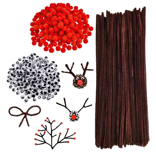 100 Stück Pfeifenputzer Braune Chenilledraht, 150 Stück Rote Pompons, 150 Stück Wackelaugen Selbstklebend für Kinder, Pfeifenreiniger Basteln Set, Weihnachten Basteln, Diy Herstellung Basteln