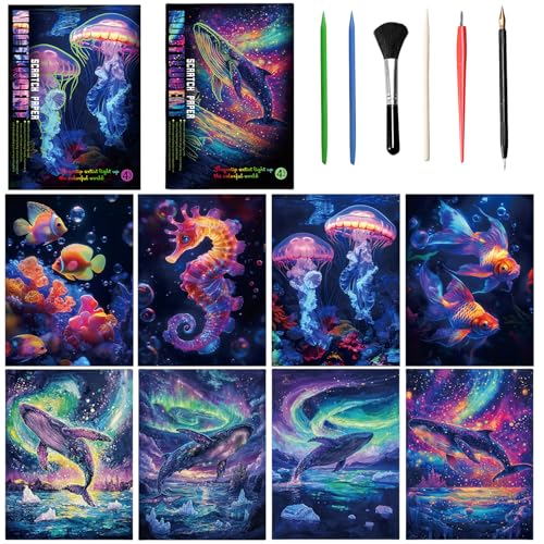 Scratch Art, 8-teiliges Set Rainbow Scratch Notes mit Scratching Tools Kit Ocean Series Rainbow Scratch Art für Erwachsene und Kinder (A4-Format)