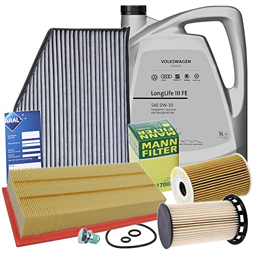 ATEC Germany Inspektionspaket Filterset mit 1x Ölfilter, 1x Luftfilter, 1x Innenraumfilter (Aktivkohle), 1x Kraftstofffilter, 1x Ölablassschraube mit Dichtung, 1x Motoröl 0W-30 LongLife 3 FE 5 l,