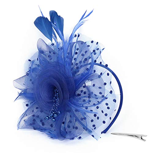 RDWESZOD Cocktail-Blumen-Kopfbedeckung mit Mesh und Feder, Fascinator-Hüte für Damen, Tee-Party/Kirchenveranstaltungen/Pferderennen/Festival, elegant (Blau)