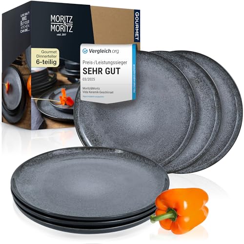 Moritz & Moritz VIDA 6er Dinner Teller Set Anthrazit - Dinnerteller für 6 Personen - Porzellan spülmaschinen- und mikrowellengeeignet