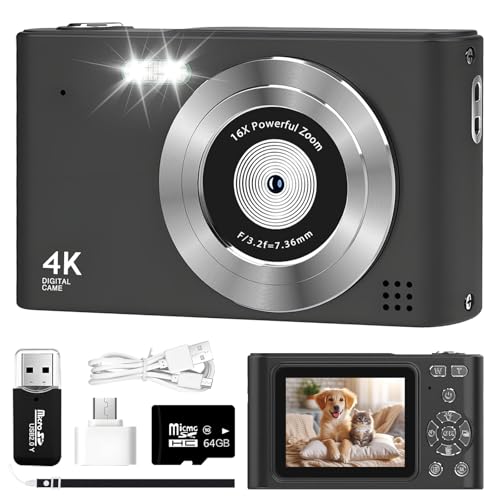 Digitalkamera,4K Autofokus Fotoapparat Fotokameramit 64G SD-Karte 64MP,16X Digitalzoom with 2,7" großem Bildschirm,Digitalzoom Tragbar Kompaktkamera (schwarz)