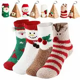 SalLady 4 Paare Weihnachtssocken Kuschelsocken Damen Flauschige Socken Baumwolle Mit Witzig Weihnachtsmotiv Warme Wintersocken Christmas Socks