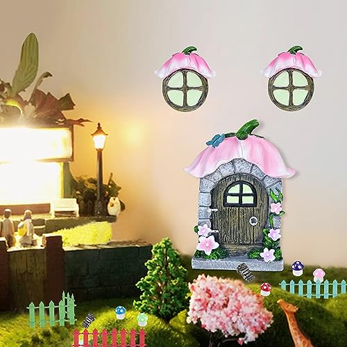 REFORUNG Elfentür Baum Harz Fairy Door Set Wichteltür Garten 14.5cm Miniatur Elfen-Tür Im Dunkeln Leuchtende Feen Türen und Fenster mit Zubehör Miniatur Feentür für Bäume Gartendeko Rasen Ornament