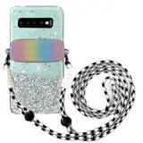 Tivenfezk Nadoli für Samsung Galaxy S10 Plus Glitzer Handykette Hülle,Silikon Bling Durchsichtig Crossbody Tasche zum Umhängen Schutzhülle mit Telefon Clip Halter Band