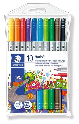 STAEDTLER 320 NWP10 Doppelfasermaler Noris Club (stabile, eindrucksichere Spitze, auswaschbar, Strichbreite 1-3 mm, Etui mit 10 farblich sortierten Doppelfasermalern) Mehrfarbig, 10Stück 1er Pack