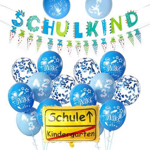 Schulkind Deko Einschulung Luftballons, Einschulung Deko + SCHULKIND Folienballon + 14 Luftballons Blau Einschulung mit 123 ABC+ 4 Blau Konfetti Luftballons für Schulanfang Deko Junge