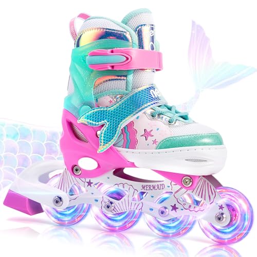 NEMONE Inliner für Mädchen Kinder 4 Größen Verstellbar Grün Rosa Inline Skates für Kinder Anfänger Skates mit leuchtenden Rädern Meerjungfrau