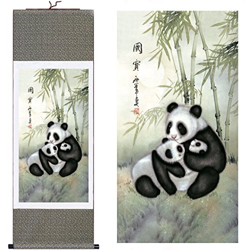 vglakjG Chinese Painting Home Decorate Calligraphy Scroll Chinesisches Seidengemälde „Panda“, Heimdekoration, Kalligraphie-Rolle, hängendes Kunstgeschenk (H x B: 101,6 x 30,5 cm)(H55)