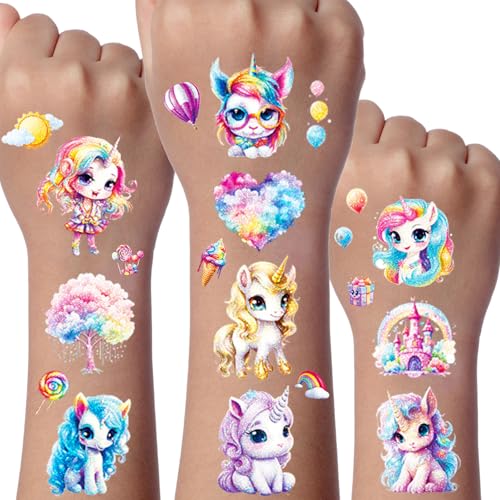 Einhorn Glitzer Tattoo Set Kinder, 12 Blätter Einhorn Temporäre Glitzer Tattoo Kinder, Einhorn Tattoos Mädchen Glitzer, Einhorn Geschenke für Mädchen, Einhorn Tattoos Deko Kindergeburtstag