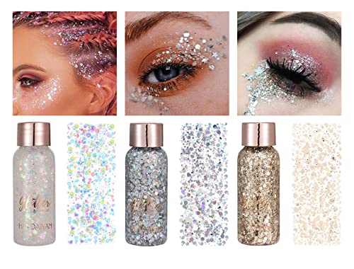 Owelth 3 Stück Body Glitter Gel, Mermaid Sequins Chunky Glitter Liquid Gel, Glitzer Gesicht Körper, Glitzer Schminke für Masquerade Weihnachten Festival Partydekoration Long Lasting Sparkling