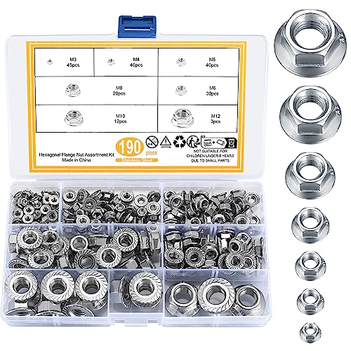 190 Stk Flanschmuttern mit Flansch und Sperrverzahnung, Sechskantflanschmutter Set, Sechskantmuttern Selbstsichernd Edelstahl, Sicherungsmuttern, Sperrzahnmuttern, M3/M4/M5/M6/M8/M10/M12