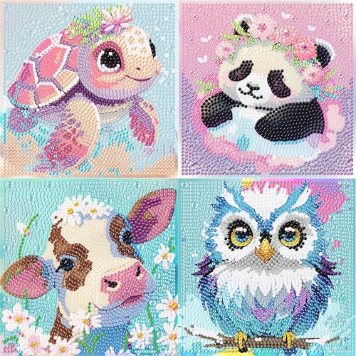 4er Set 5D Diamond Painting Kinder Tiere-Set Full Diamant Painting Bilder Kinder Tiere,DIY Mosaikherstellung Basteln Mädchen Junge 6 7 8 9 10 11 12 Jahre,Geschenk Kinder Ab 6 Jahre 15x15cm