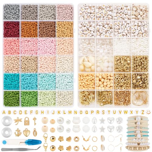 RUBY 3mm Perlen für Armbänder, 24 Bunte Morandi Glasperlen zum Auffädeln, Mini Perlenset Charm Kit mit Holzperlen, Perlen zum Auffädeln für Weihnachten DIY Bracelet Making Kit, Partys, Feiertage