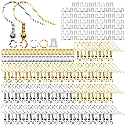 Fyfjur 300 Stück Ohrring Haken, 925 Ohrringe Selber Machen Set Hypoallergene, Ohrringe Selber Machen mit Durchsichtigen Gummi Ohrstopper und Spule, Ohrhänger Ohrhaken Schmuckherstellung（Silber, Gold）