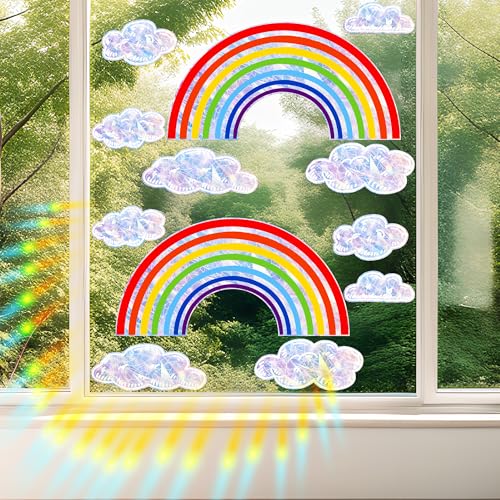 Regenbogen Fensterbilder,2 Stück Regenbogen Folie Fenster,Fensterbilder Kinderzimmer,Fenstersticker Kinder Mädchen Rainbow Suncatcher Sticker für Fensteraufkleber Sonnenfänger Sticker Wohndekor