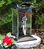 Grablampe Grablaterne Rose Silber 28,0cm incl. Grabkerze Grabschmuck Grablicht Grableuchte Lampe Laterne Licht Kerze Trauer Friedhof Garten Grabdeko