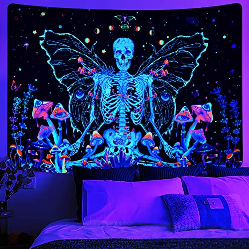 Yugarlibi Schwarzlicht Wandteppich UV reaktive Skelett Schädel Schmetterling Wandtuch Ästhetische Augen Wandbehang Fantasie Pflanzen Wanddekor für Schlafzimmer 210x150cm