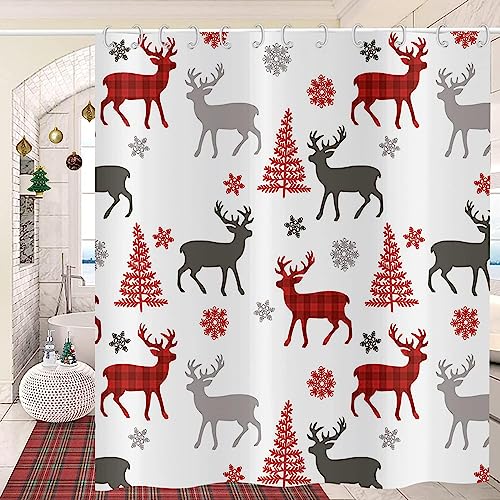 GCIREC Weihnachten Dusche Vorhang, Büffel Check Plaid Elch Xmas Tree Winter Snowflake Bad Vorhang für Badewanne Home Decor wasserdicht Stoff Maschine waschbar mit 12 PCS Haken,180x200cm