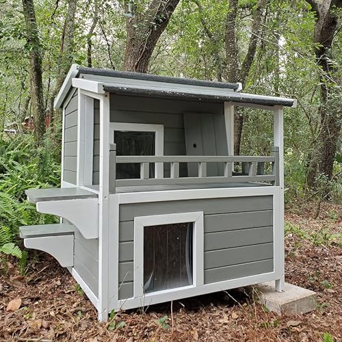 Aivituvin Outdoor Verwilderte Katzehaus Hölzerne Kätzchen Unterschlupf mit Großem Balkon, Escape Tür, Wasserdicht