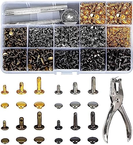 480 Sets 3 Größen Leder Nieten Doppelkappe Rivet Tubular Metall Ohrstecker mit 4 Werkzeuge Zange/Setzer für DIY Lederhandwerk kleidung (Gold, Silber,Messing und Gunmetal)…