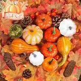 Herbst Thanksgiving Dekorationen, 88 Stück Kürbis Herbst Deko Set,Thanksgiving Dekoration Set künstliche Ahornblätter,kleine Eicheln,Tannenzapfen und Kürbis,Mini Künstliche Kürbisse Herbstdekorationen