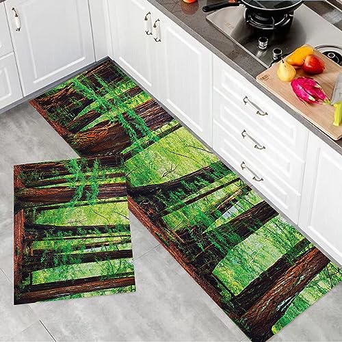 2 Stück Küchenmatte Waschbar rutschfest Küchenmatte,Tree Woodland, Redwood Trees Nordwestlicher Regenwald Tropisch Szenisch Wil,Teppiche Mit Staubdicht Für Küche Wohnzimmer, Esszimmer (45x70+45x120cm)