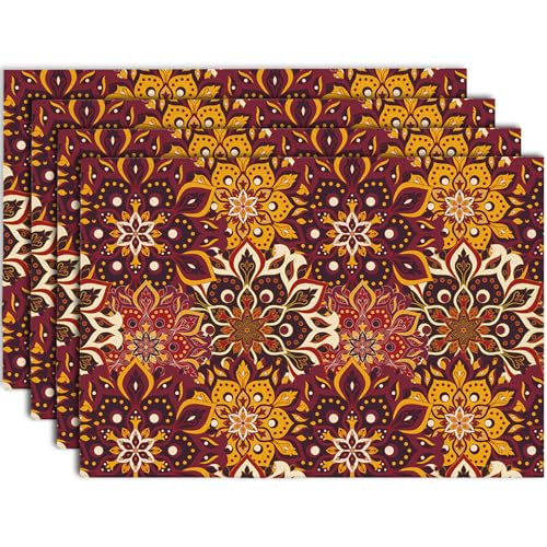 Boho Vintage Mandala Platzsets 4er Set, Leinen Geometrie Marokkanisch Tischsets Waschbar Platzdeckchen Dekor für Küche, Restaurant, Bauernhaus, Urlaub, Party, Bankett, Rot 30x45cm