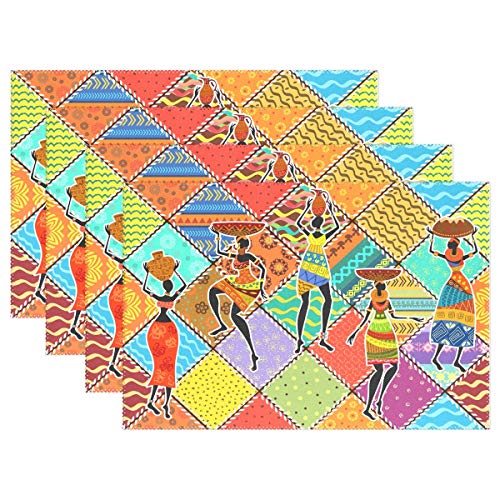 4Er Platzset Tanzende Afrikanische Frau Bunte Patchwork Platzdeckchen Für Küche Speisetisch Dekorationen Tischunterlagen, Für Hotels, Gastronomie, Dinnerpartys, 30x45cm