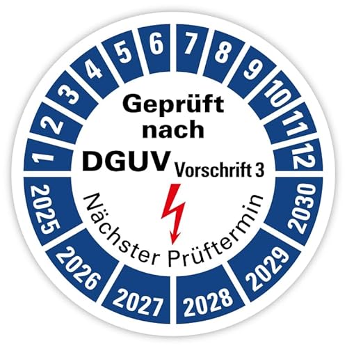 Prüfplakette „Geprüft nach DGUV Vorschrift 3 | 2025-2030“ Nächster Prüftermin Folie blau | Ø 20-40 mm Made in Germany, Größe: Ø 20 mm, Material: 100 Stück