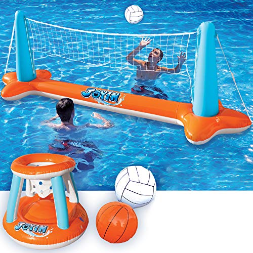 JOYIN Aufblasbare Pool Float Set, Volleyballnetz & Basketballkörbe & Bälle für Kinder und Erwachsene, Wasserballspiel Poolspielzeug Volleyball Basketball Pool Spielzeug, Wassersport Sommerspielzeug