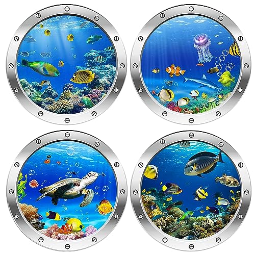 AINIUNIU 3D Wandtattoo Unterwasserwelt, 4 Stück 3D Wandtattoo Unterwasserwelt,Wandsticker Badezimmer Bilder,3D Hai Wandtattoo Kinderzimmer, Meerestiere Sticker für Schlafzimmer (fish)