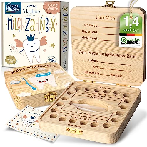 Madlino® Zahndose Milchzähne Jungen & Mädchen inkl. Zahnfeebrief & Lupe - Milchzahndose personalisiert aus Holz - Zahnfee Geschenke - Zahnbox für Milchzähne - Die Zahnrettungsbox für den Wackelzahn