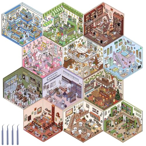 12Pcs DIY 3D House Stickers,3D Miniatur Haus Sticker,DIY-Aufkleber,Sticker Scenes Selbermachen von Supermarkt, Café, Restaurant für Erwachsene und Kinder