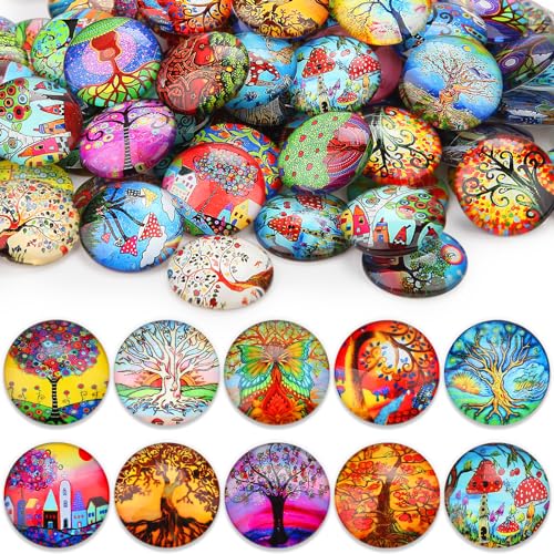 100 Stk Muggelsteine Bunt Kinder Groß 25mm Glasnuggets Glassteine Mosaiksteine zum Basteln Glückssteine Edelsteine Glasbausteine Dekosteine Schmucksteine Cabochons für DIY Anhänger (Lebensbaum)