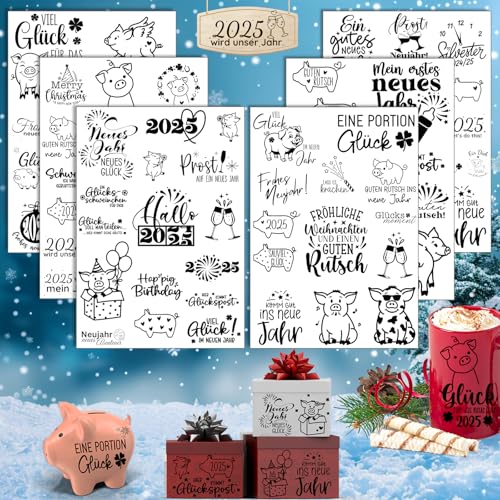 Rub On Sticker Neujahr, 6 Stück A5 Rub On Aufkleber Neujahr, Rub On Folie Transferaufkleber, Rub On Silvester, für Möbel, Glas, Holz, Scrapbooking, DIY Basteln Deko (Neujahr)